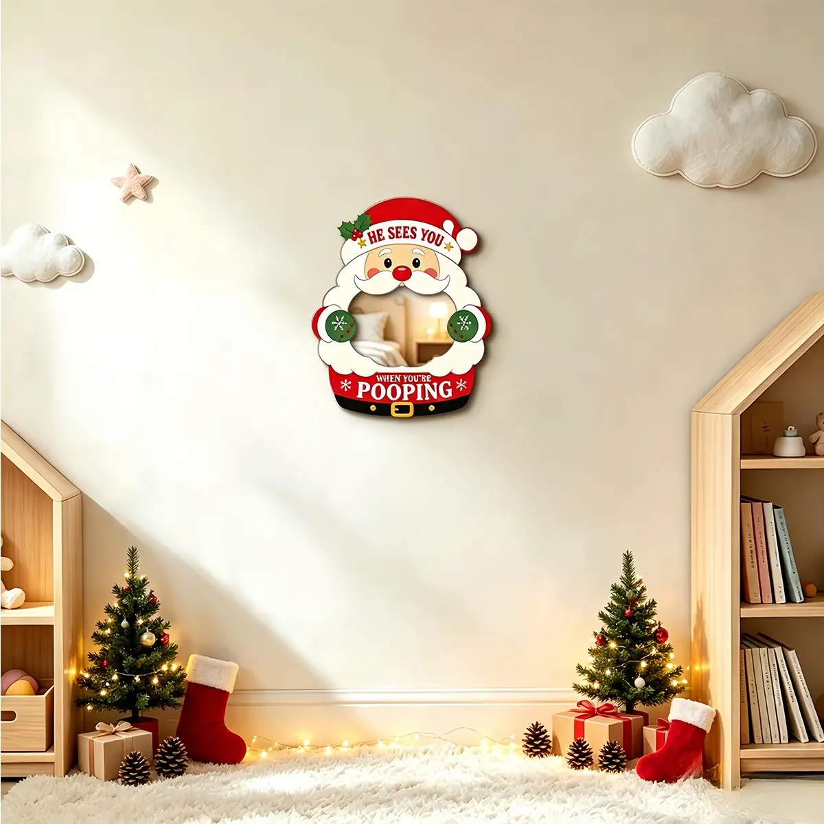 Christmas Mirror Wall Sticker, Wooden Board ＆ Double‑Layer Acrylic Mirror Wall Decal, Santa Claus Bell Snow Globe Pattern Wall Decor, Christmas Decor, Christmas Gift, Wall Art Mirror for Living Room Bedroom Bathroom Dorm Home, Christmas Party Wall Decor