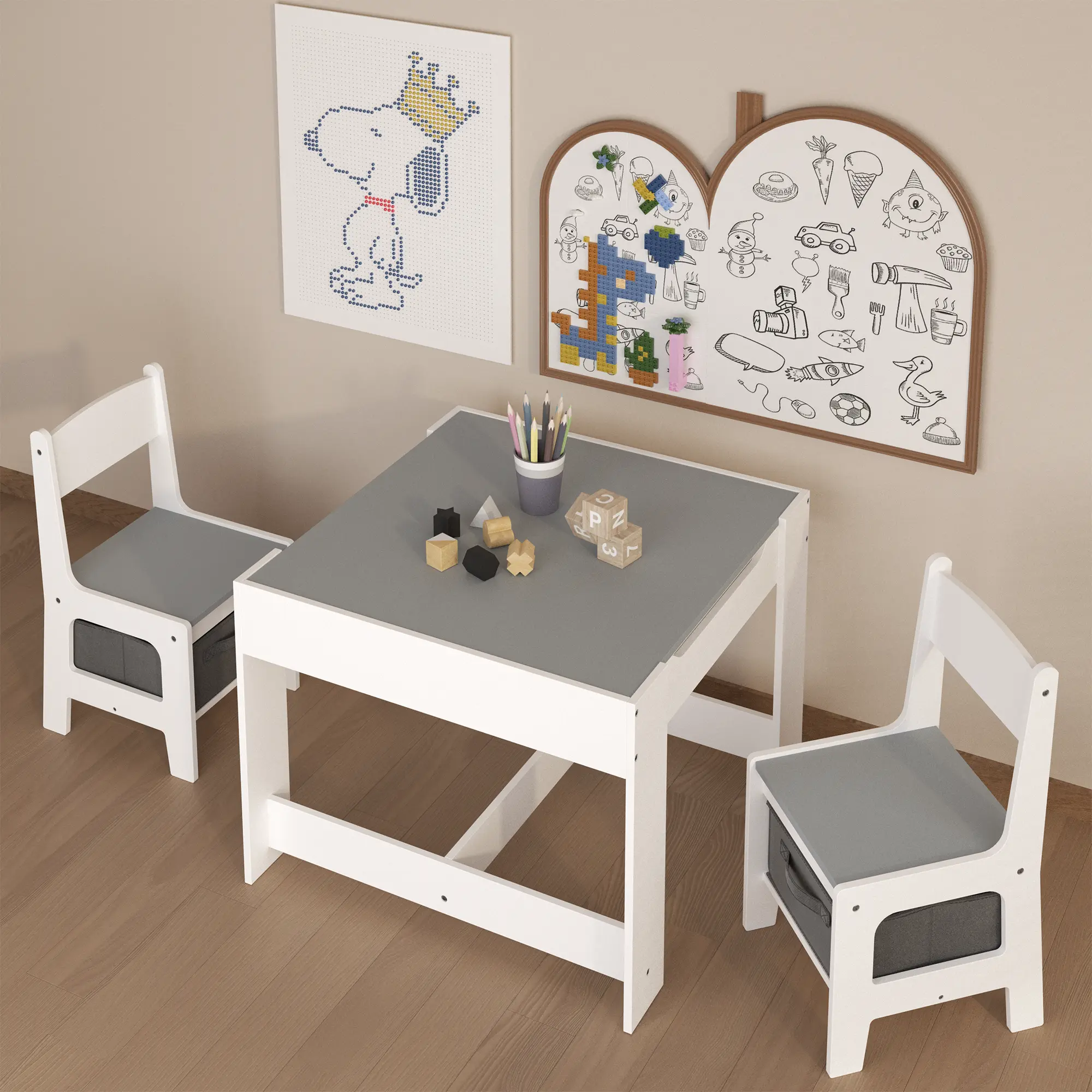 ARCH Kids Table and Chair Set, 3-in-1 Wooden Activity Table with Storage Drawer, Detachable Tabletop, Toddler Furniture for Drawing, Reading, Crafts, Playroom, Nursery, Multiple Color Options, Dining Room Chairs for Kitchen, Dining Room