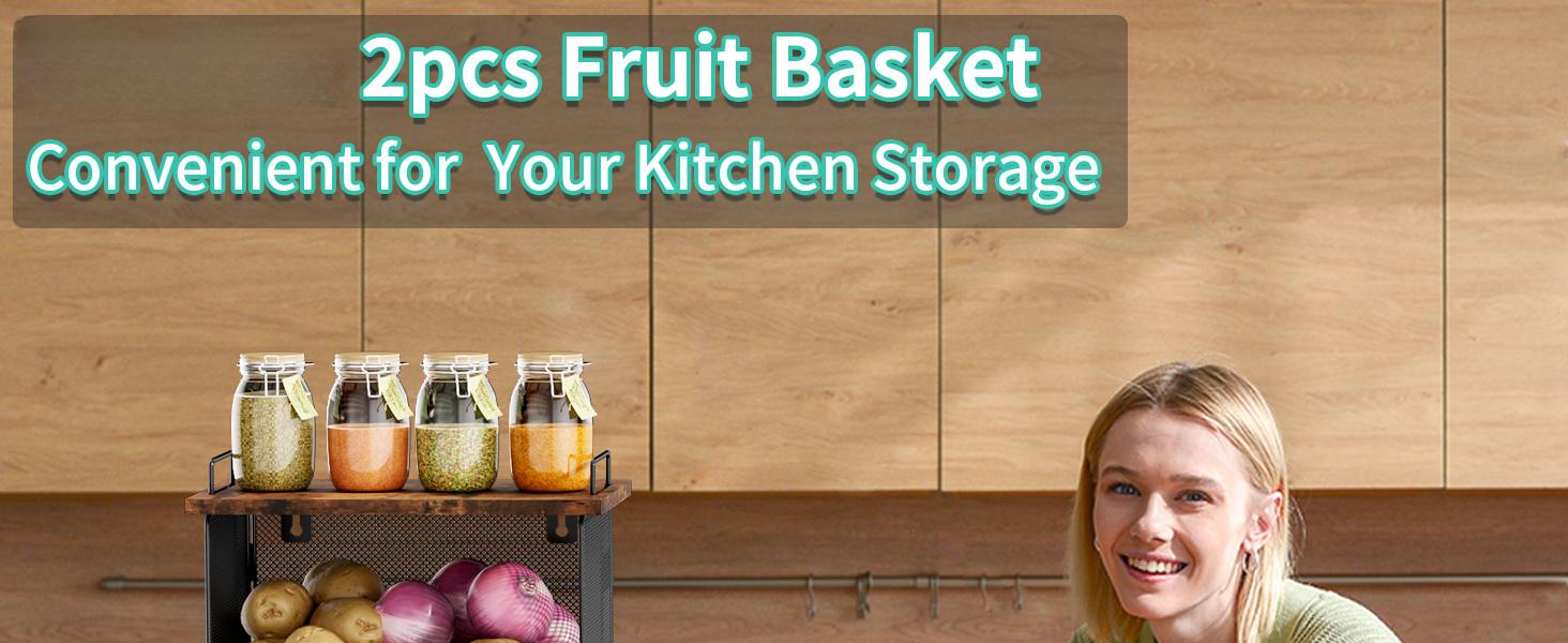 2-Pack Fruit Basket Wire Basket, Stackable Wall-Mounted Countertop Kitchen Counter Organizer for Snacks, Fruits and Vegetables Storage, Onion and Potato Hanging Basket with Wooden Lid