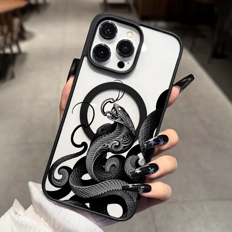 Vintage Black White Cobra Snake Clear Magnetic Phone Case Compatible with iPhone X XS XS Max 11 12 13 14 15 16 17 Series, 2-in-1 Transparent Acrylic Back Black TPU Shockproof Protective Cover Works with MagSafe Wireless Charging, Slim Anti-Discoloration i