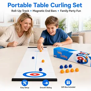 Portable Table Curling Set, Mini Tabletop Curling Game with Roll-Up Track, Magnetic End Bars & 8 Stones, Indoor Family Party Game for Game Night, Office Desk Break, Travel Board Game Gift Box