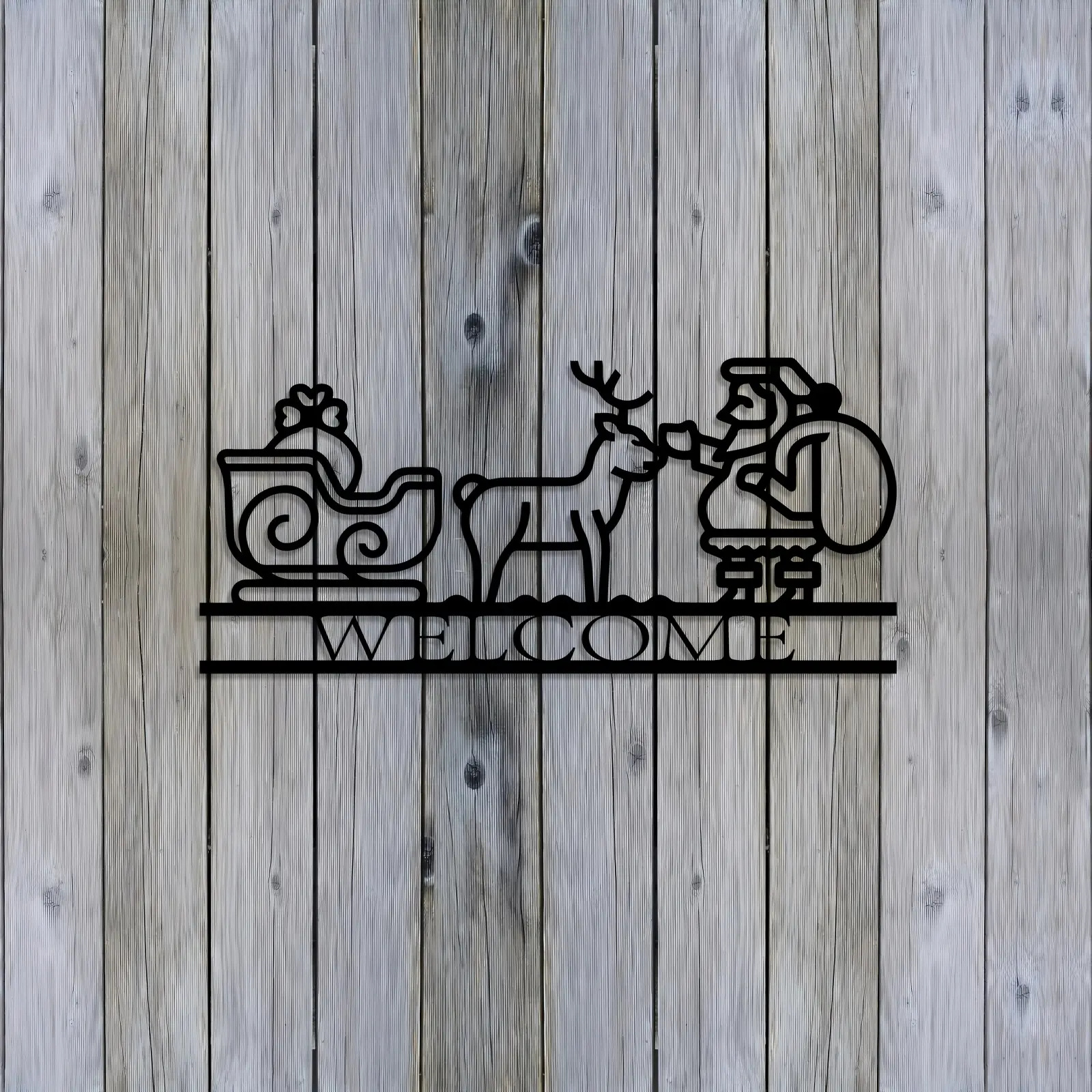 1 piece of vintage Santa Claus sleigh and reindeer welcome metal wall decoration - black outdoor/indoor Christmas decoration with WELCOME logo, sturdy iron structure suitable for porch, living room, and foyer