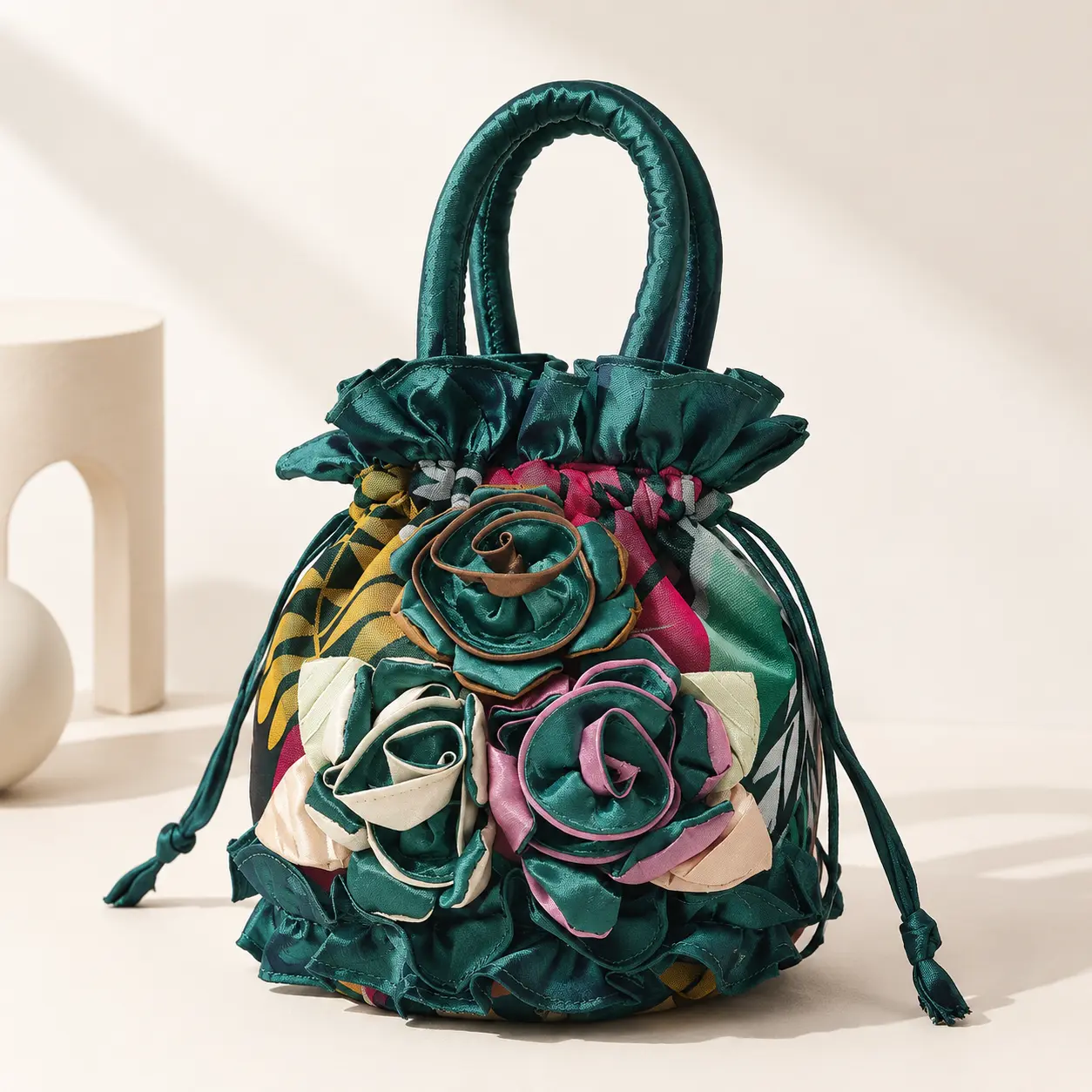 Medium Floral Ribbon Fabric Bucket Handbag with Drawstring Closure, Soft Lightweight Design, Exterior Pocket and Id Pocket for Women, Everyday Outfits, Brunch, Shopping and Travel, Decorative Shoulder Bag sohochic