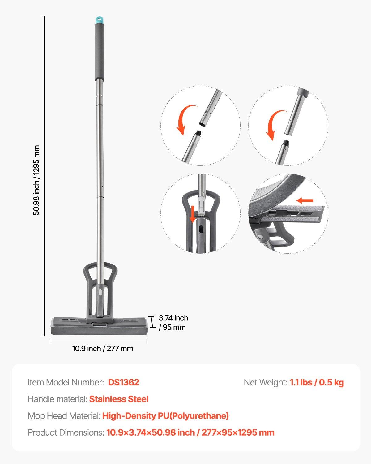 VEVOR Sponge Mop, High-Density PU Sponge Mop with 1 Pcs Sponge Mop Replacement , Easy to Squeeze Sponge Mop with Hook & Loop for Head Change, Fit for Various Floors’ Cleaning