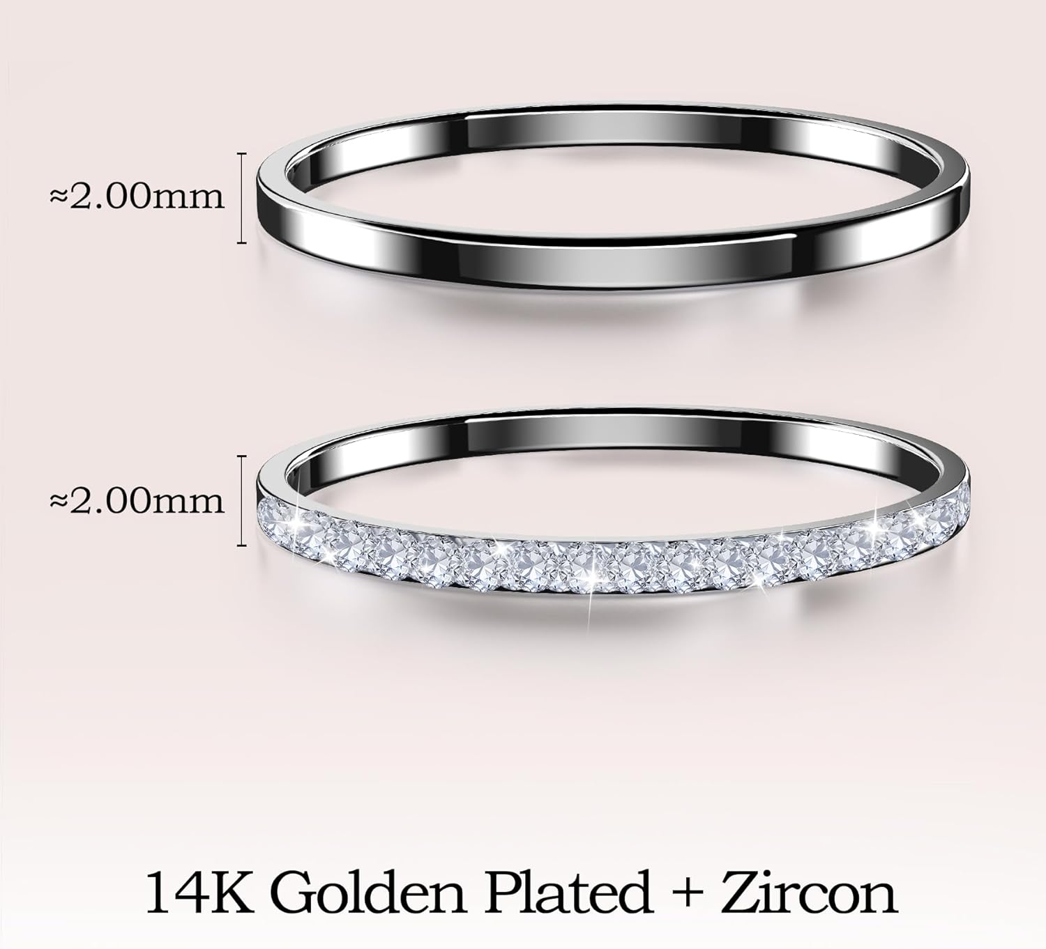 2 Pack 14K Gold Plated Stackable Rings , Cubic Zirconia Simulated Diamond Stacking Rings Eternity Bands for Smart Ring