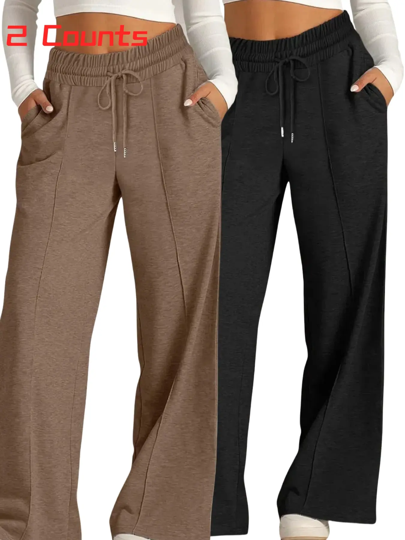 Women's Plain Drawstring High-Waisted Wide-Leg Pants, Loose Fit, Casual with Pockets, Elastic Waist, All Seasons, Daily Wear, Outerwear, Home Wear