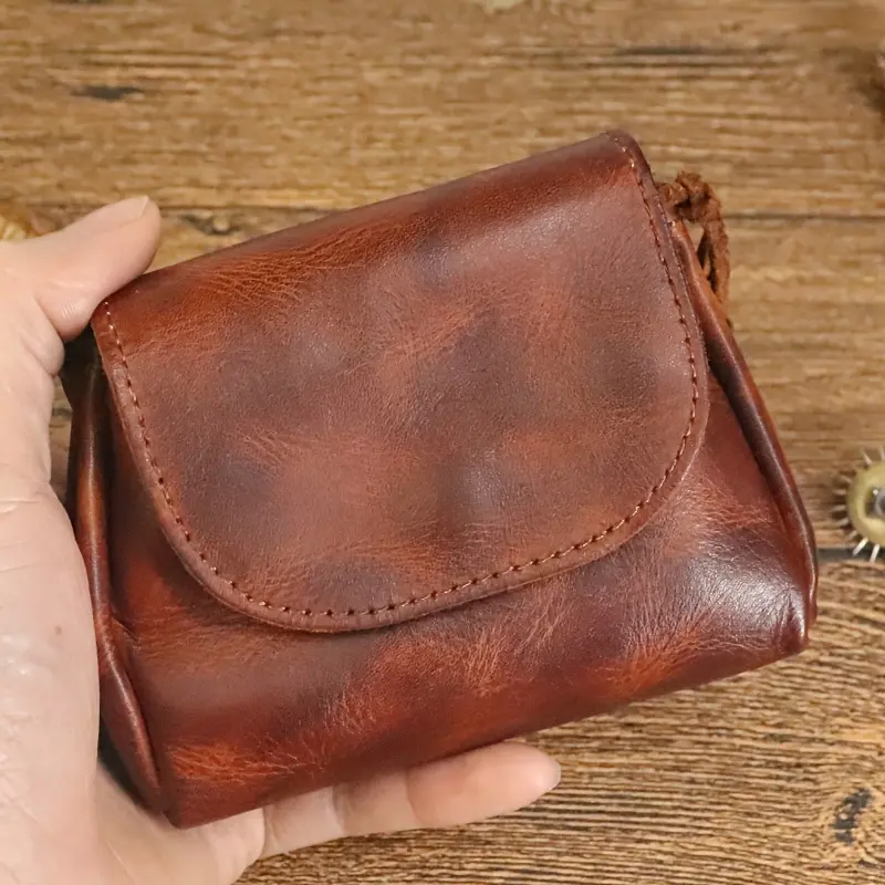 Vegetable Tanned Leather Coin Purse For Men Handmade Leather Wallet Mini Earphone Pouch