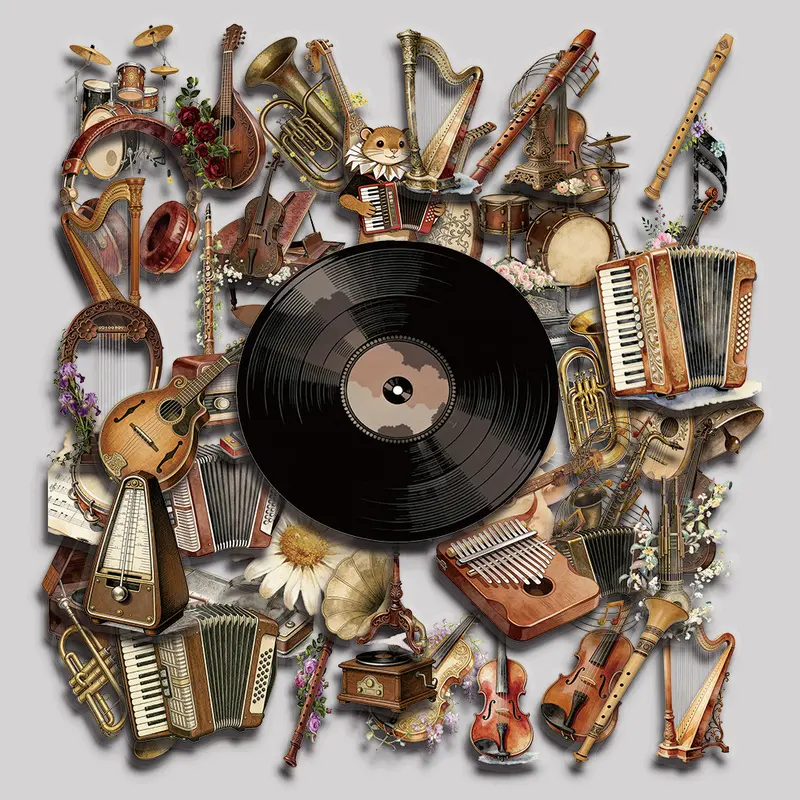 50PCS Vintage Musical Instruments Aesthetic Vinyl Stickers Pack for Laptop Water Bottle Phone Case Skateboard Journal Scrapbook DIY Decoration