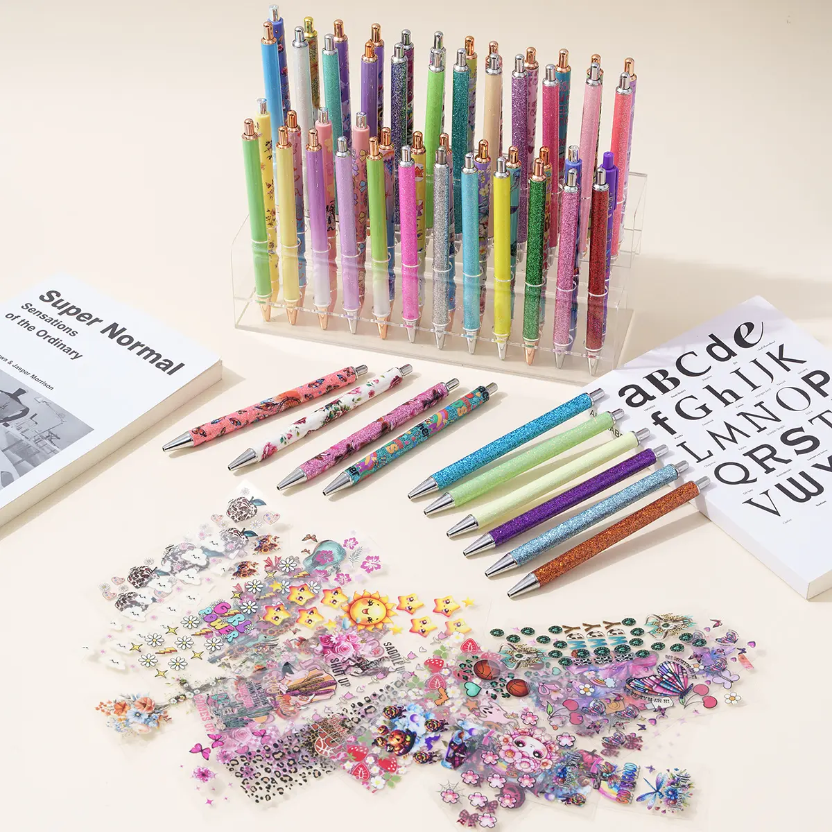 54pcs Metallic Glitter Ballpoint Pens and UV DTF Pen Wraps, Random Designs, No Duplicate Stickers, Perfect for DIY Party Gifts and Christmas Presents Includes 24 Pens and 30pcs UV DTF Pen Wraps