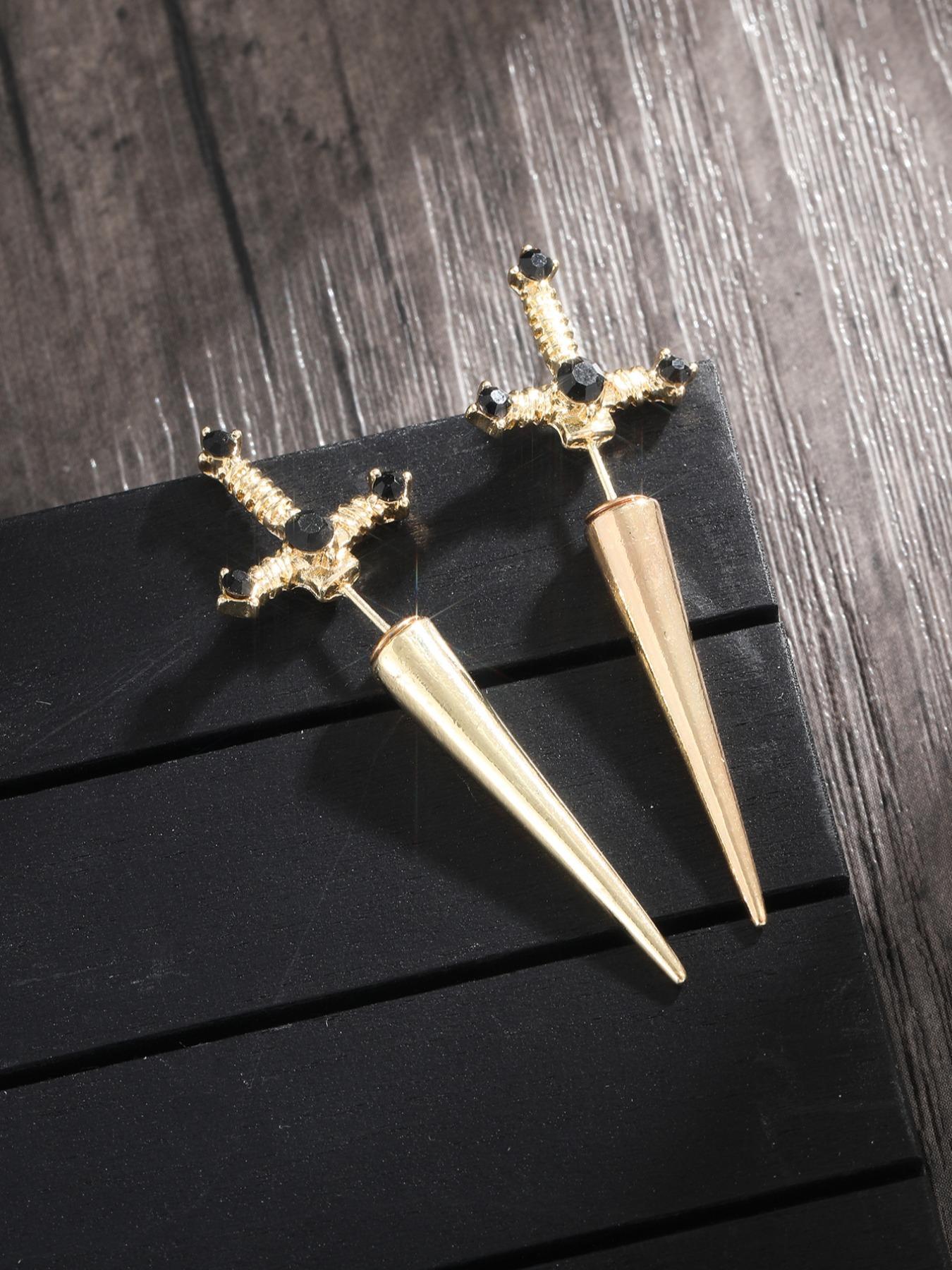 Artificial Crystal Decorated Gothic Sword Stud Earrings, 1 Pair Vintage Punk Jewelry for Women for Party, Daily Clothing Decor, Trendy All-match & Exquisite Jewelry for Birthday Gift, Cross Dangle Earring