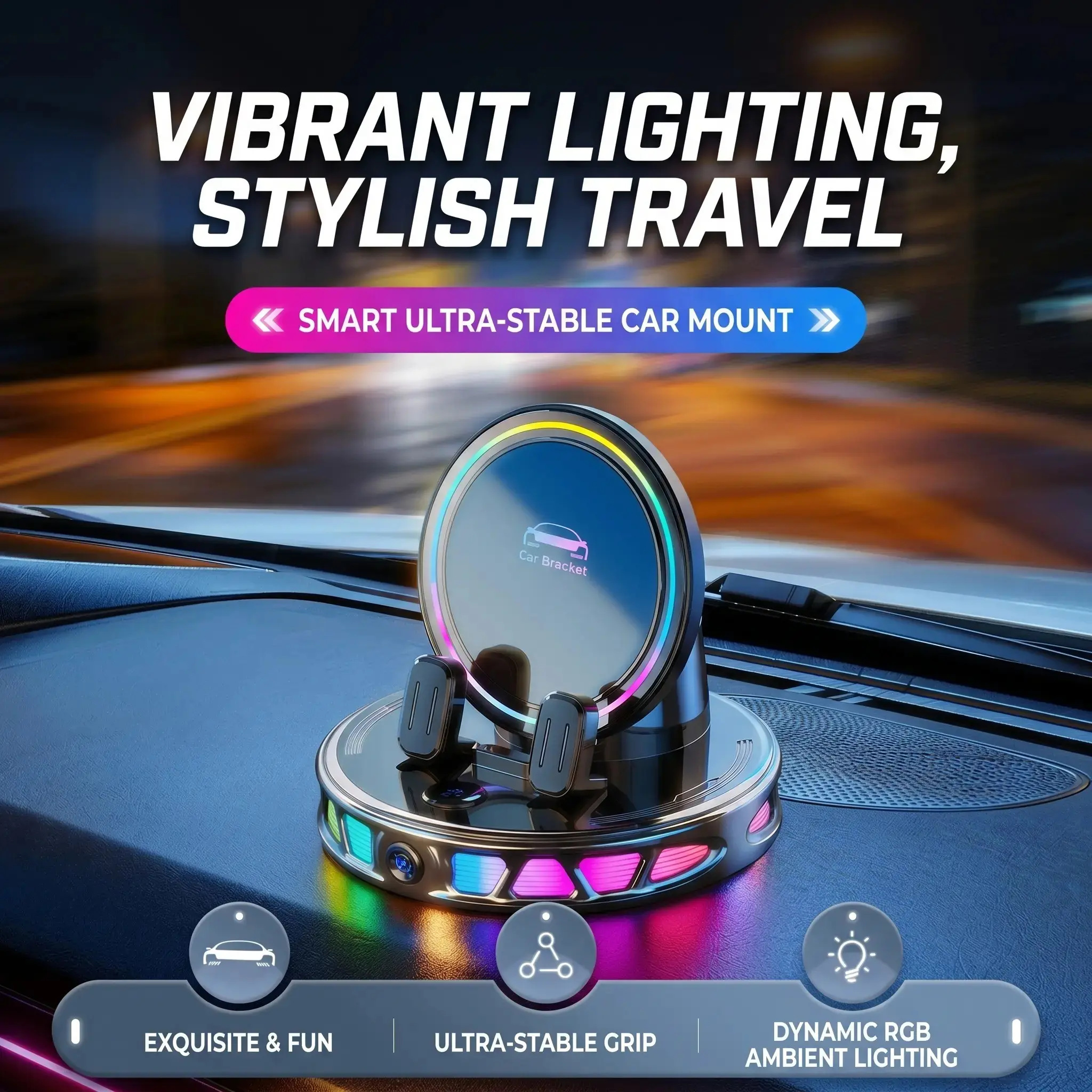 360 Rotating Magnetic Wireless Car Phone Mount Holder, Cellphone Holder For Car, RGB Ambient Light, Super Stable Vacuum Cup, Auto Lock, Compatible with iPhone and Android