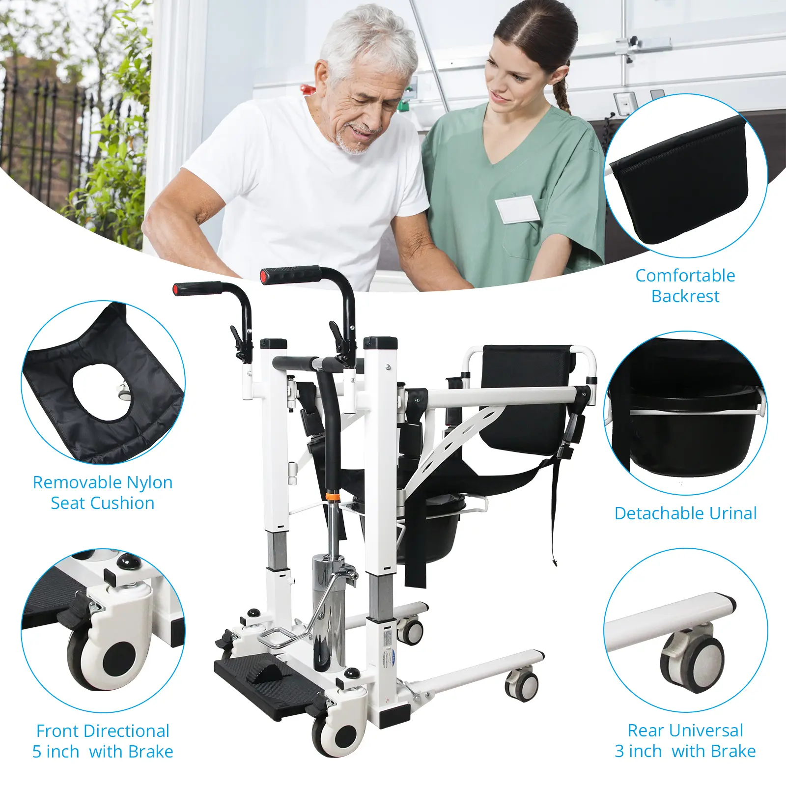 GAOMON Hydraulic Patient Lift Transfer Chair - 180° Split Seat Commode Wheelchair, Adjustable Height, Portable Bath/Bedside Transfer Chair for Elderly