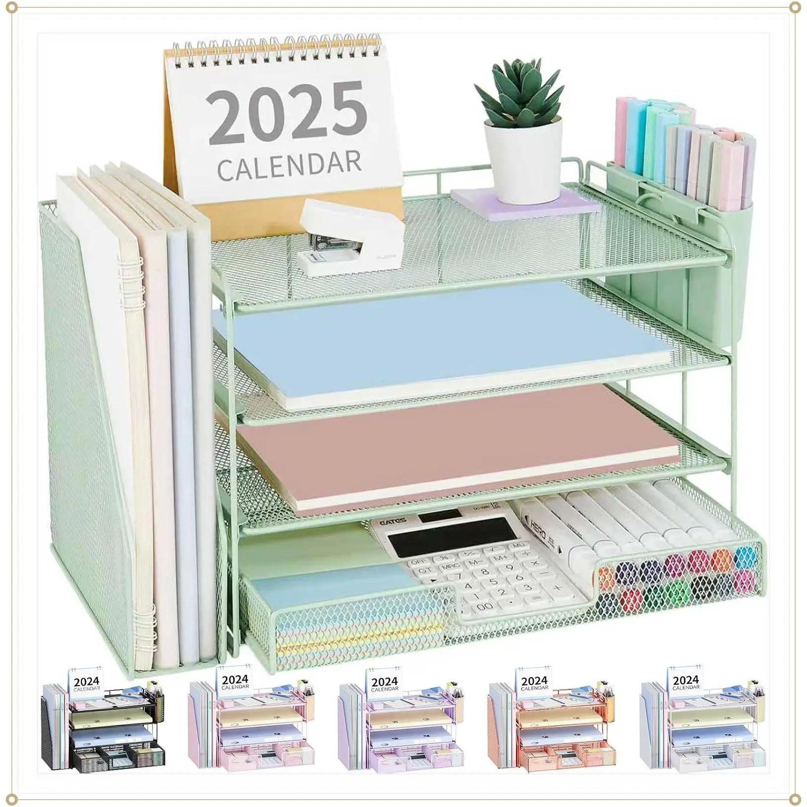 4-Tier Desktop File Organizer with Drawer and Pen Holders, Green Desk Organizer for Office Supplies, File Sorters, Workspace StorageGift