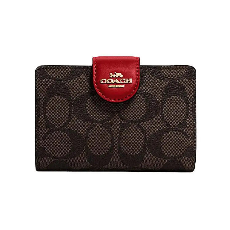 COACH Corner Zip Classic Monogram Coated Canvas and Leather Wristlet Handbag for Women in Red and Dark Brown