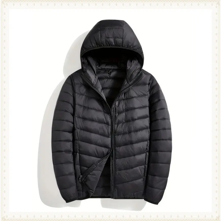 Men's Lightweight Hooded Down Jacket - Waterproof, Warm & Cozy for Winter Outdoor Activities, Casual Fit with Zip-Up FrontGift