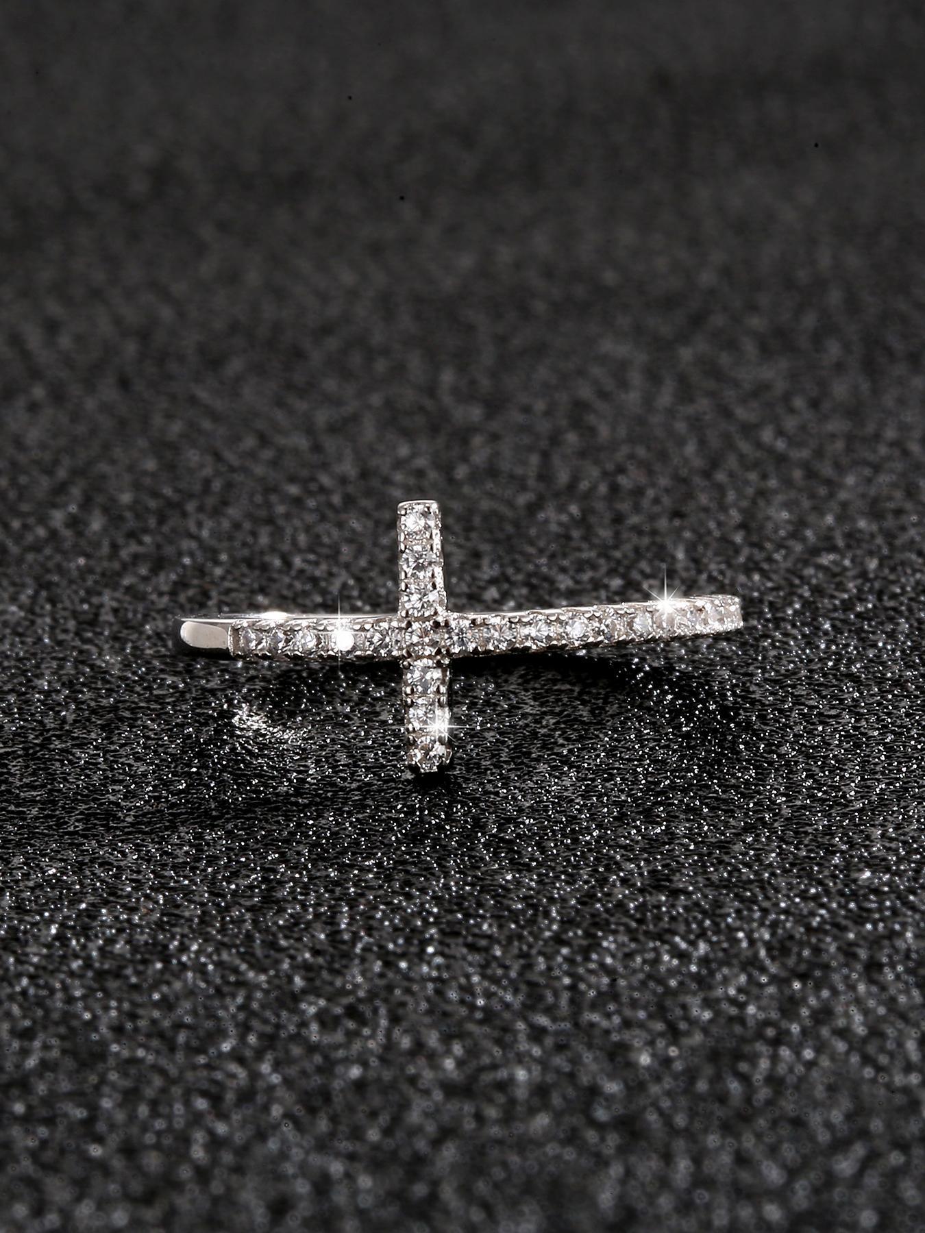 925 Sterling Silver Fashion Cross Design Cuff Ring, Adjustable Open Ring for Women & Girls, Trendy All-match Elegant Ring & Exquisite Jewelry for Birthday Gift