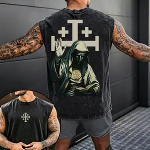 Mens Christian Jerusalem Cross Sleeveless T Shirt Vintage Washed Cotton Tank Top Medieval Saint Faith Graphic Vest Gift for Husband Boyfriend Men