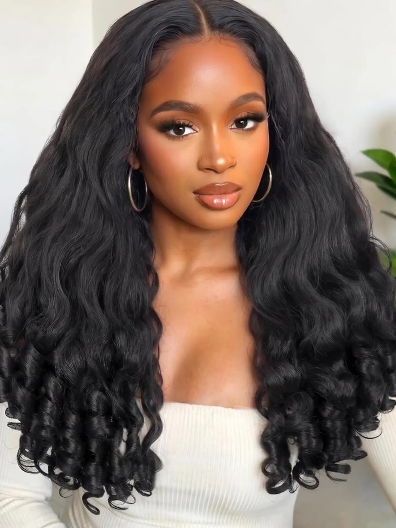 Yaki Curly V Part Wig, U Part Half Wig with Big Spiral Bouncy Curls, Glueless Clip In, Synthetic Drawstring, 22 Inch, Natural, Curly Hair Wigs