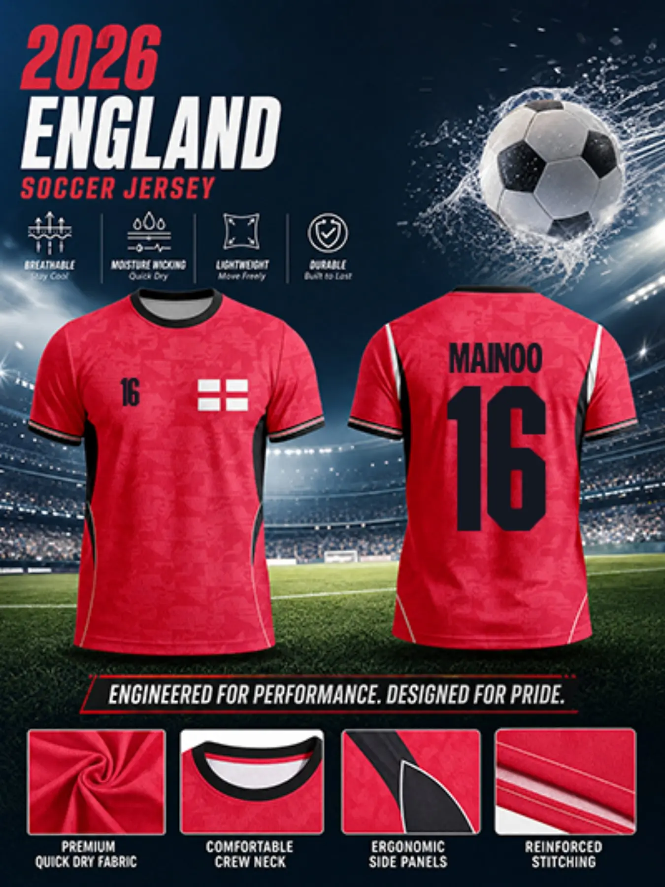 2026 England Away Soccer Jersey, Three Lions Print, Quick-Dry Short Sleeve, Breathable Fitted Tee, Ideal for Fans and Training