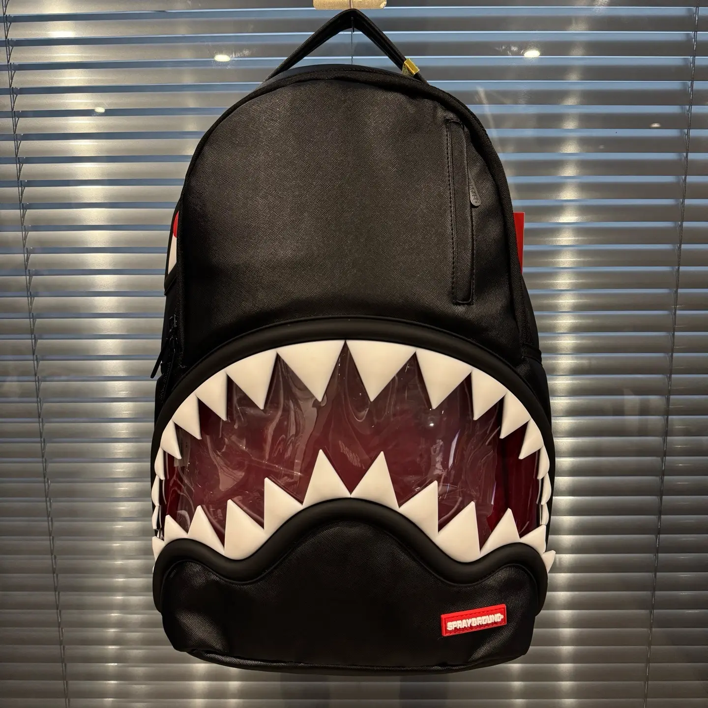 SPRAYGROUND SG Black 3D Shark Mouth PVC Backpack with Transparent Window - Unisex Couple-Style Functional Luggage Bag