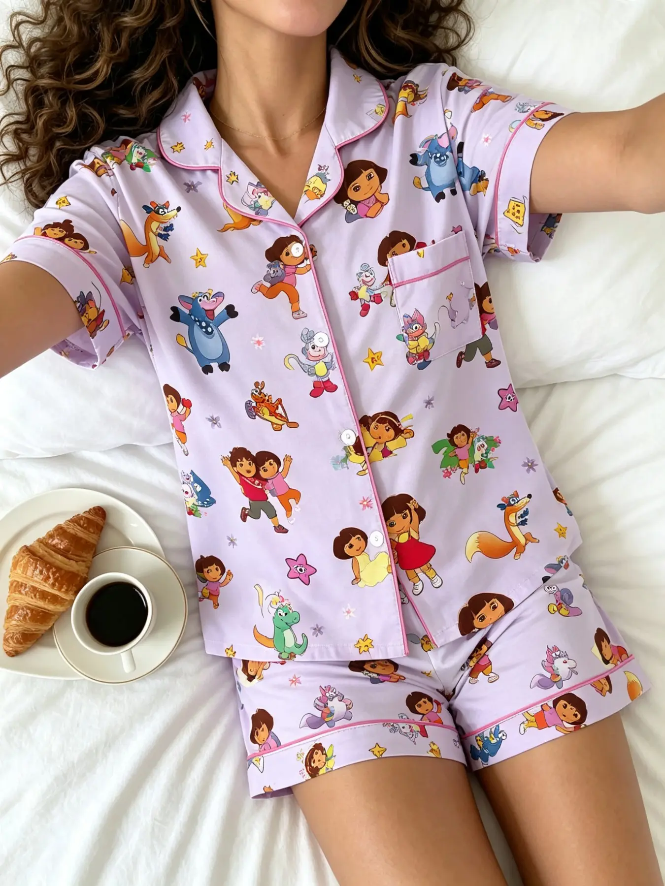 Adorable Cartoon Pajama Set for Women, Soft Smooth Light Two-Piece Summer Sleepwear Loungewear, Cute Explorer Pattern, Perfect for Daily Home Wear