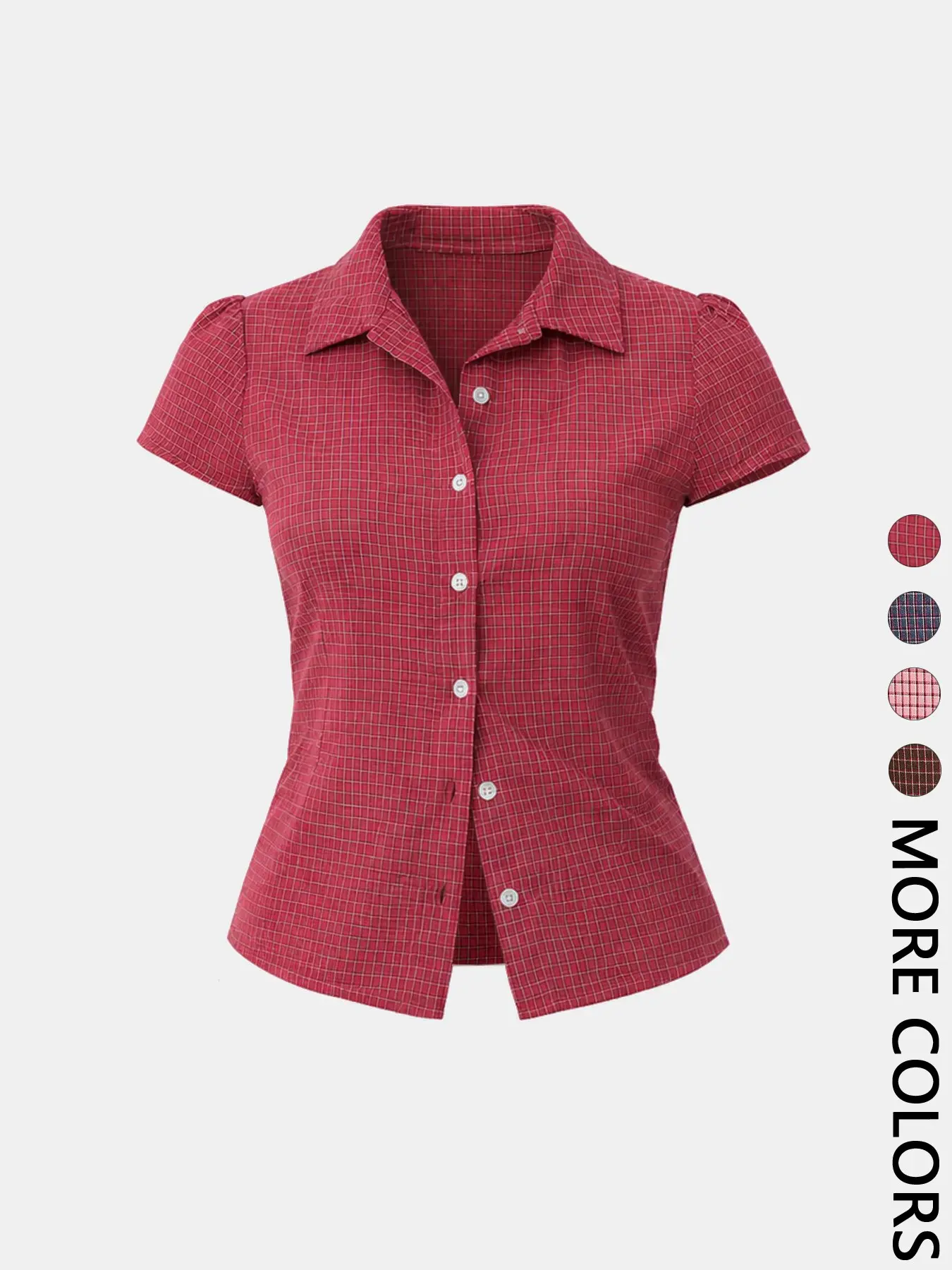 1Pc Women Plaid Short Sleeve Button Down Cropped Collar Casual Shirt Blouse