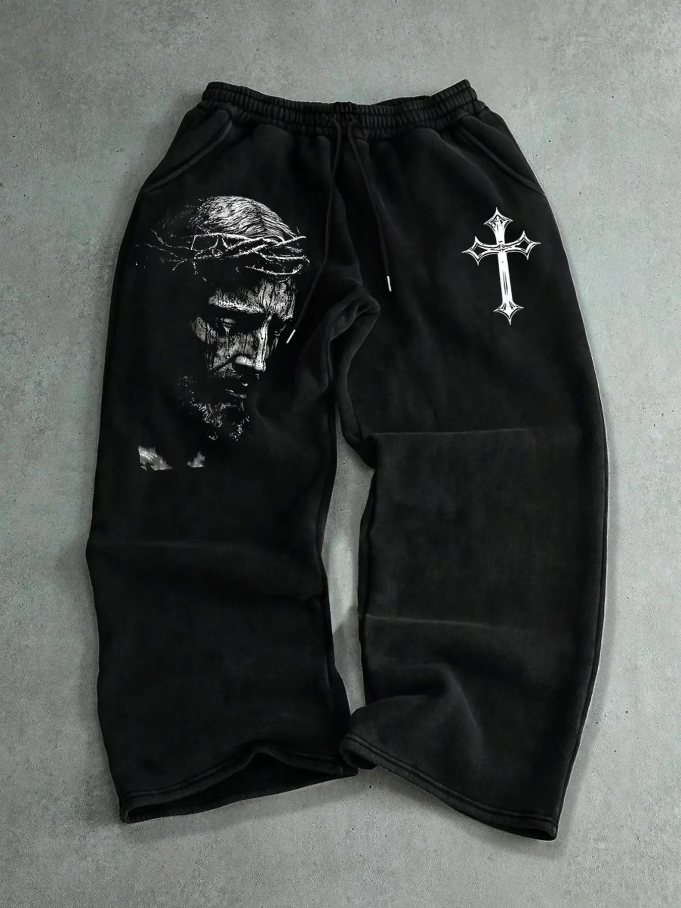 Men's Cross Jesus Print Drawstring Waist Sports Pants, Casual Loose-Fit Long Pants, Comfortable Classic Fashion Male Clothing