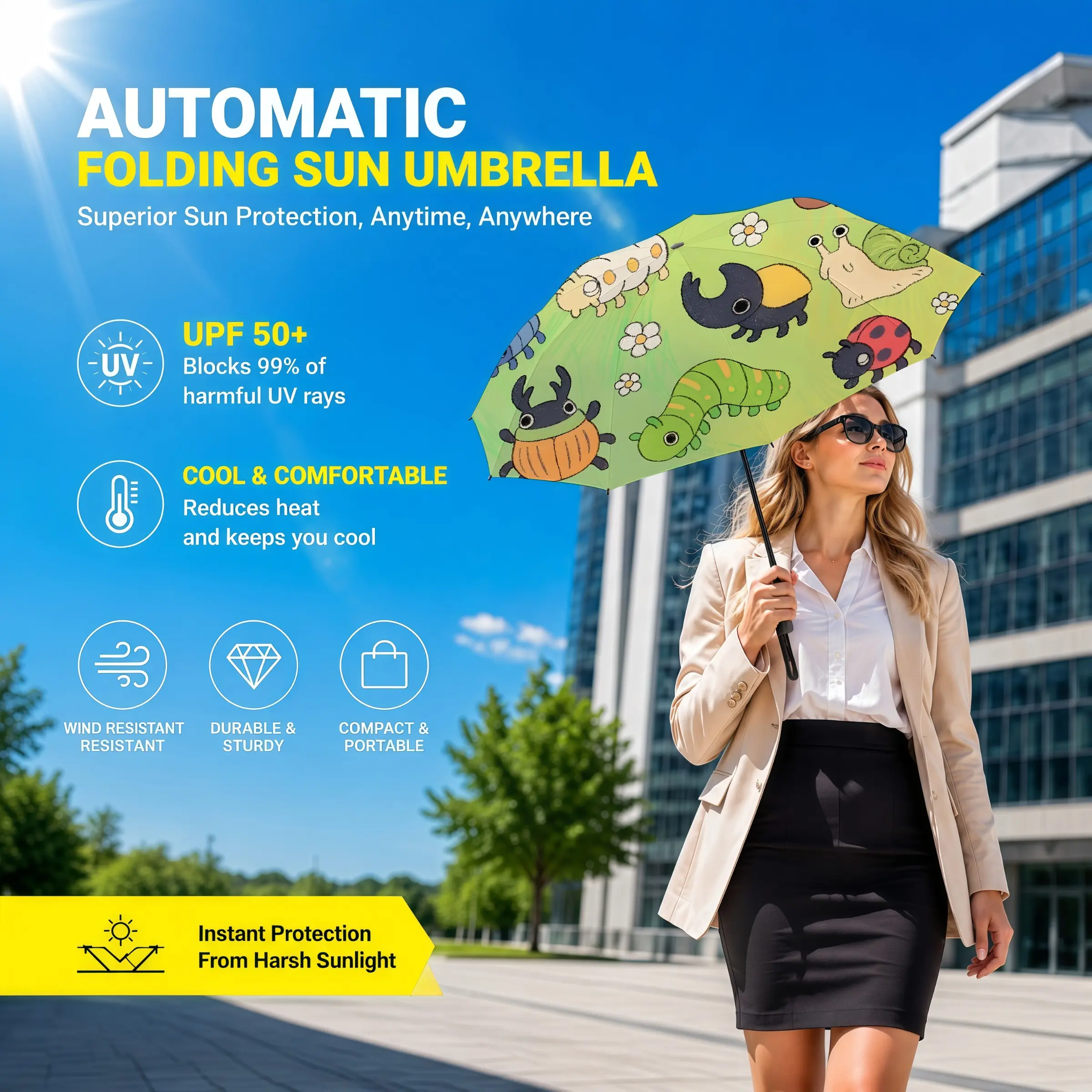 1pc Foldable Automatic Umbrella, Printed with Pattern，rainproof and sun protection functions. Lightweight and portable, open and close automatically. Suitable for men and women, for daily use and an essential item for travel.