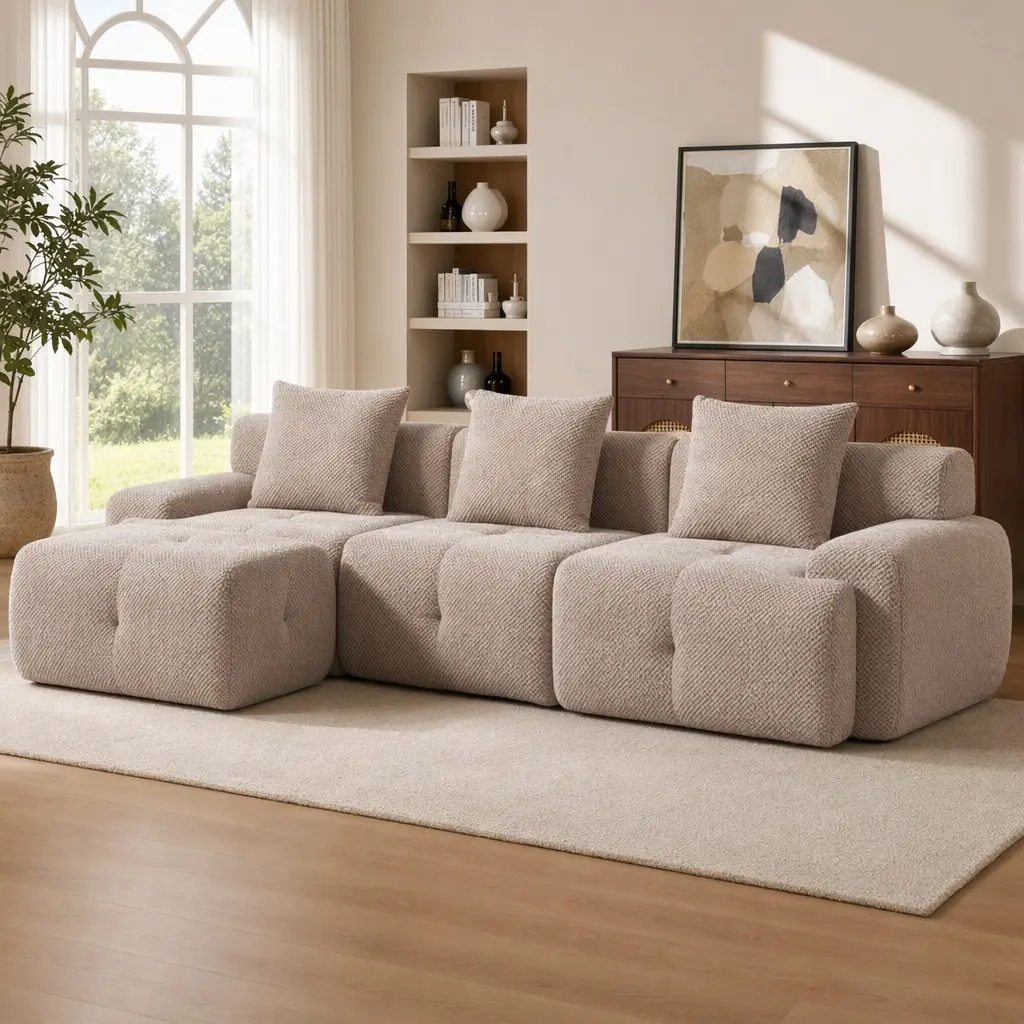 104.3" L-Shaped Modular Sectional Sofa - Oversized 3-Seater Fuzzy Polyester Couch, Foam-Filled Boneless Cloud Tufted, Deep Seat, Movable Ottoman, 3 Pillows, No Assembly, Durable Taupe, 4-Seat Furniture Set for Living Room (Avoid Direct Sunlight), L Shaped
