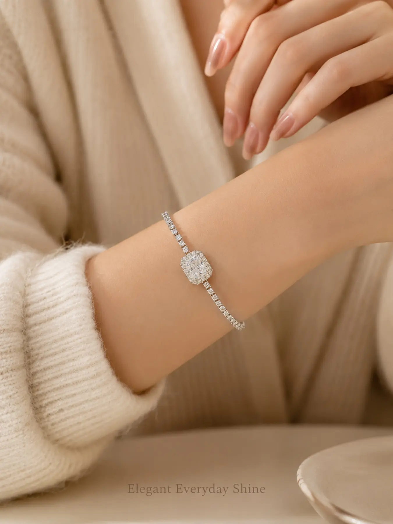 Adjustable Emerald Cut Tennis Bracelet, Silver & Gold Tone Clear Stone Halo Bolo Slider Bracelet, Elegant Women Jewelry for Wedding, Party & Daily Wear, Birthday Christmas Gift for Her