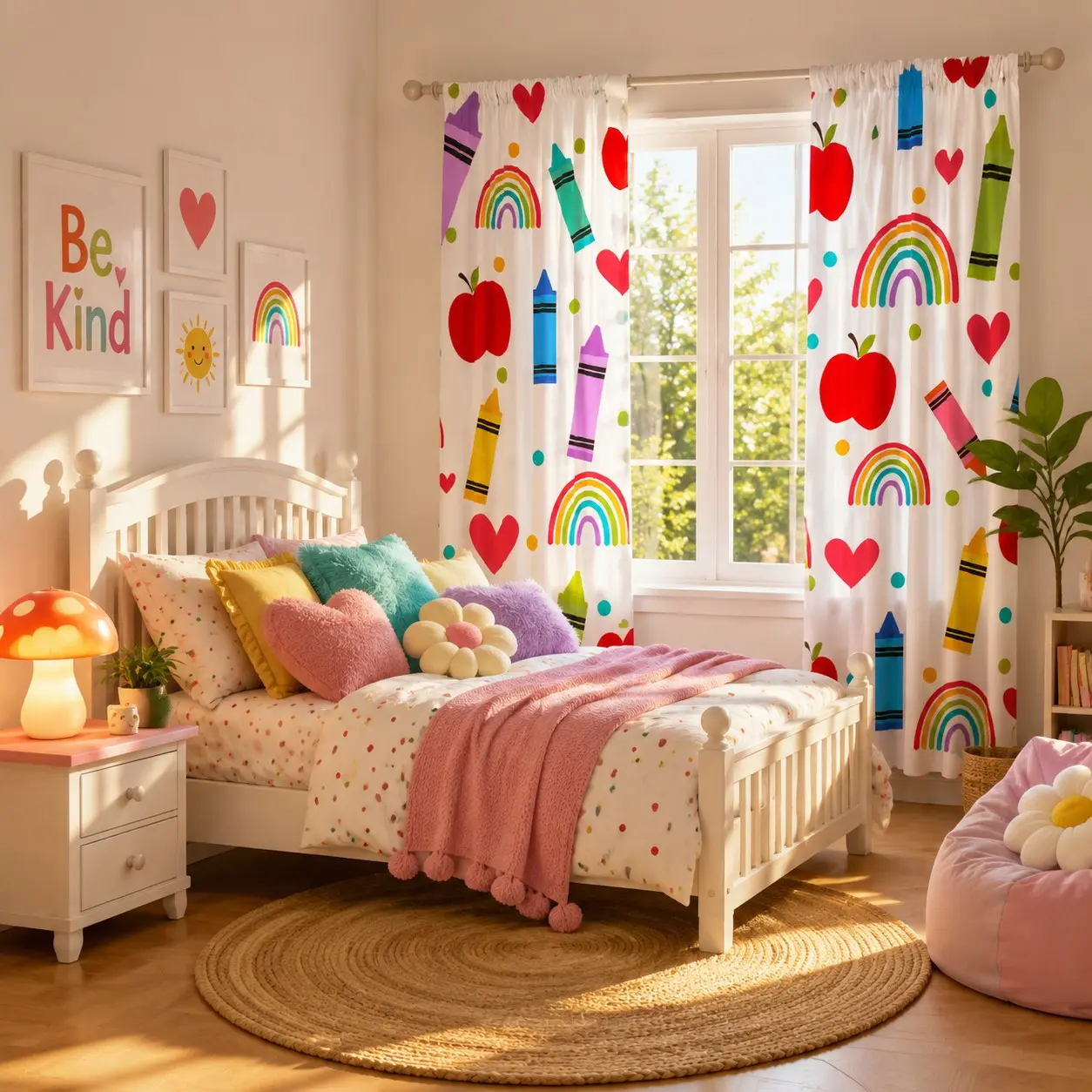 Two-Piece Rainbow Crayon Heart Print Curtains, Base with Bright Rainbows, Hearts, Apples, Dots, Kids Bedroom Decor, Fun and Playful Atmosphere