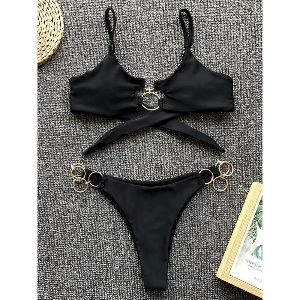 Metal Rings Bikinis Hollow Out Bikini Women Swimsuit Female Brazilian Swimwear Two Pieces Bikini Set High Cut Bathing Suit Swim