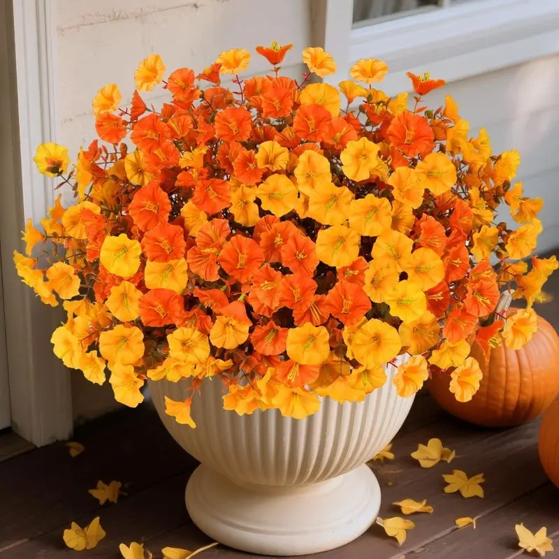 12 bouquets of realistic, UV-protected artificial autumn flowers with orange-yellow stems, suitable for home decoration, front door, porch, garden, terrace, wedding table centerpieces, and UV protection.