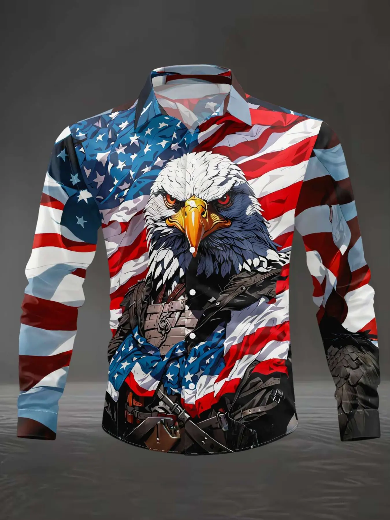 American Flag Eagle Pattern Long Sleeve Shirt, Men's Casual Style Graphic Printed Top, Fashion Trendy, Spring & Fall, Fitted H-Type Silhouette