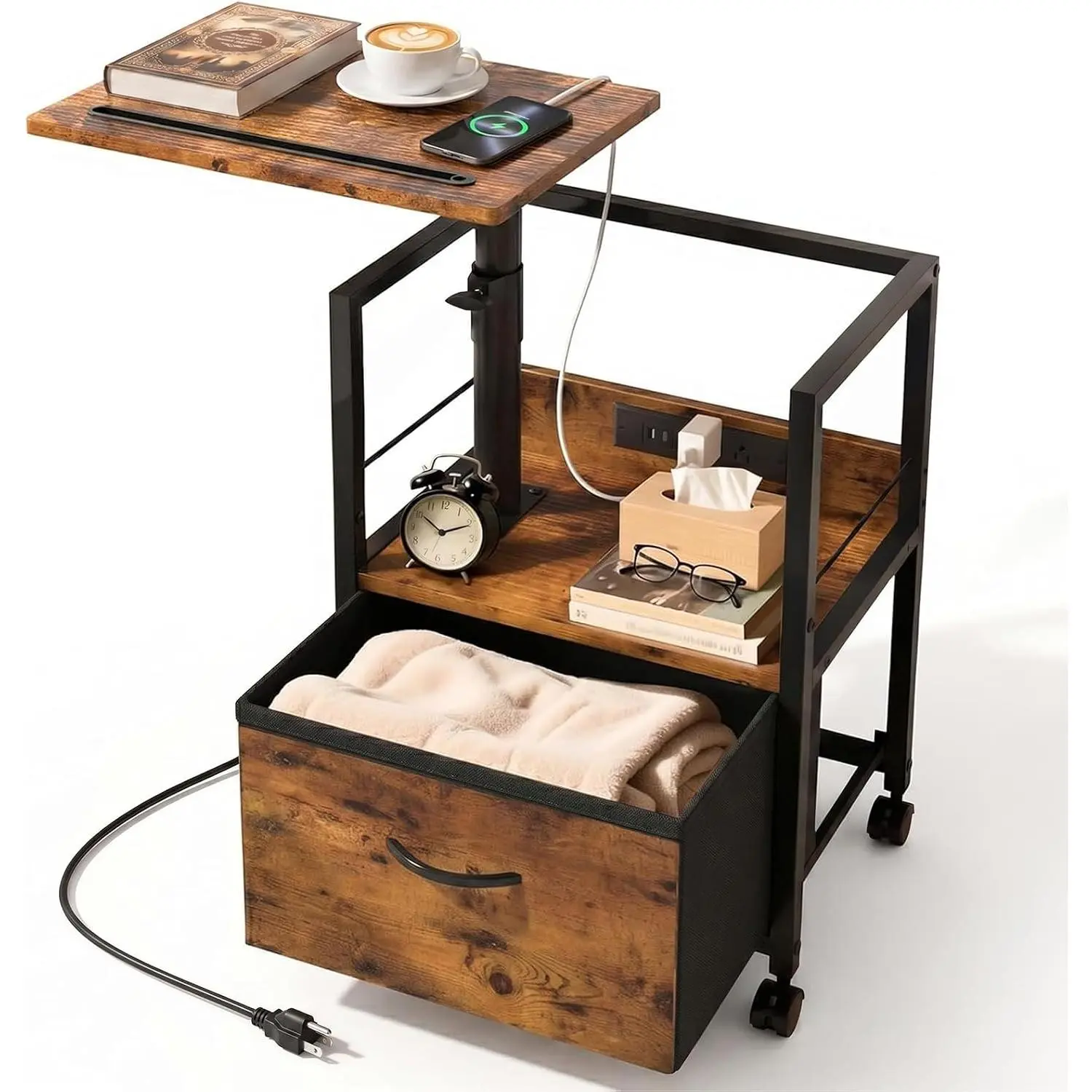 Swivel Lift Top Nightstand with Charging Station, Rolling Side Table for Recliner, Bedside Table with Wheels & a Fabric Drawer, for Small Spaces, for Bedroom, Living Room, Brown