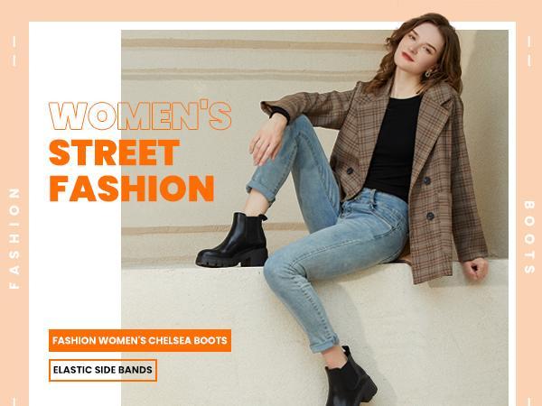 Women's Chelsea Boots Fashion Lug Sole Chunky Heel Slip on Elastic Ankle Booties