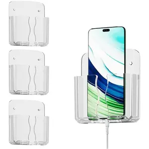 3pcs Wall Phone Holder Self Adhesive Plastic Stand Clear Cell Phone Holder with Charging Hole Cell Phone Cradle Bedside Organizer Home Office Bathroom