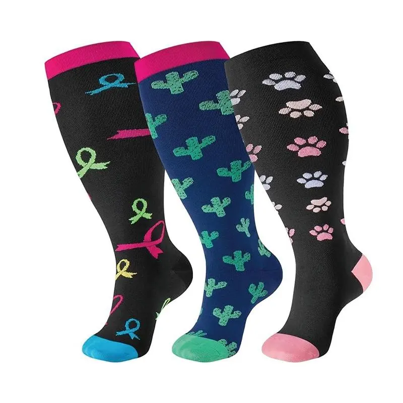 Women's Plus Size Wide Calf Compression Socks (3 Pairs, 2XL) - Unisex Knit Nylon Blend Fabric, Colorful Printed Stretchy, Everyday Casual Fitness Active Wear, Gentle Wash, All Seasons Cactus Print
