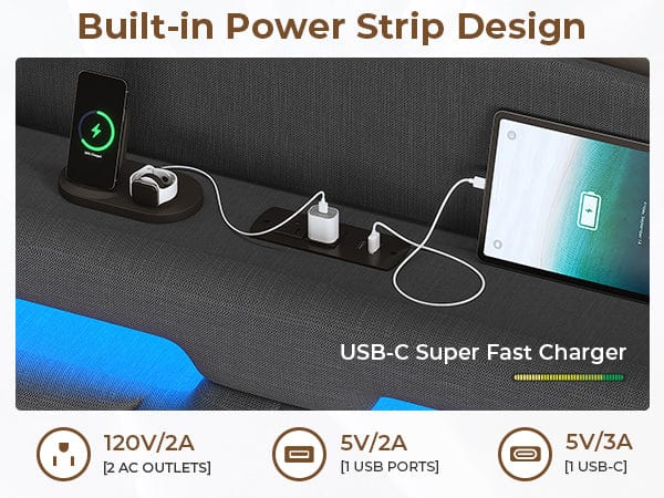 Sikaic Linen LED Floating Bed Frame with Charging Station Dark Grey Headboard And Storage Modern Smart