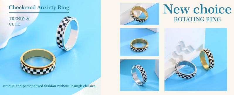 Checkered Spinner Ring for Adults, 18K Gold Plated Stainless Steel Rotating Band Jewelry, Black and White Pattern Unisex Ring