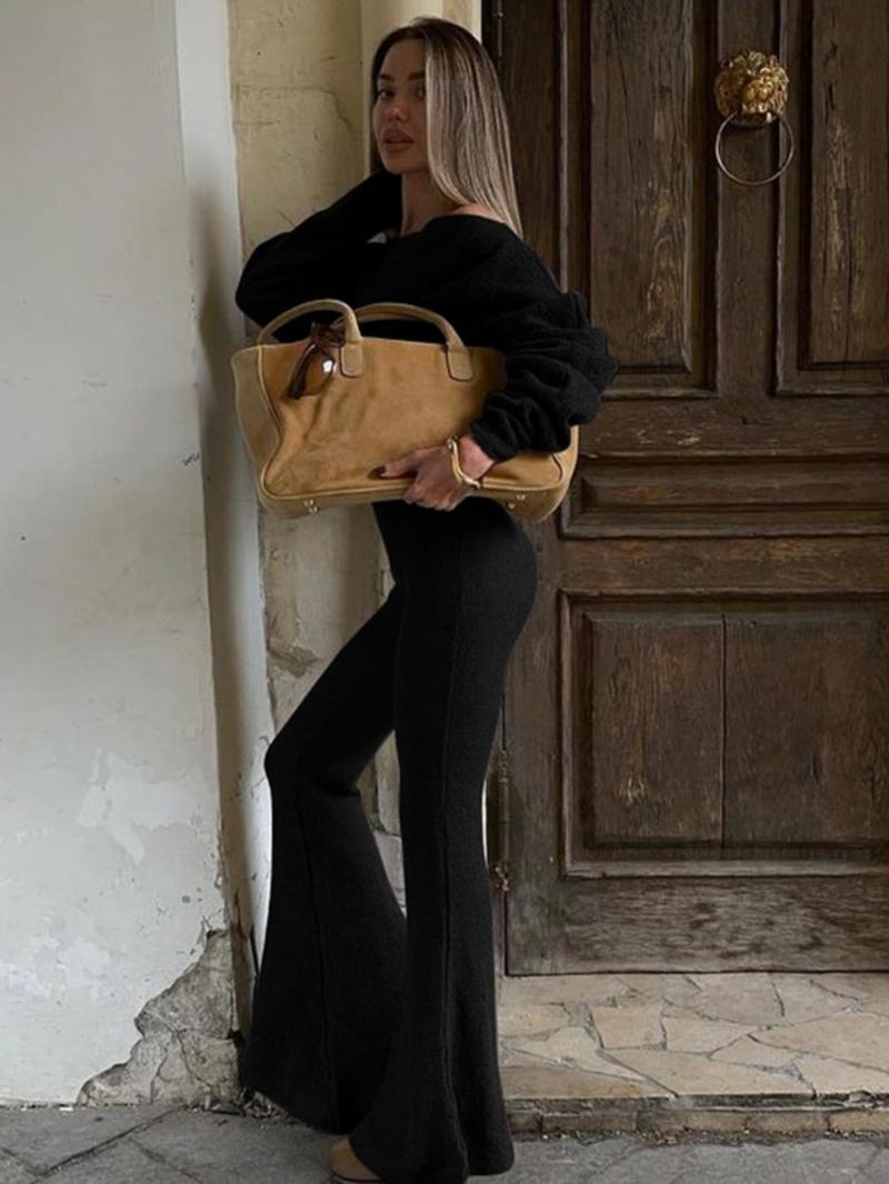 Women's Solid Asymmetrical Neck Top & Flare Leg Pants Set, Casual Drop Shoulder Long Sleeve Top & Trousers, Women's Fall & Winter Clothes for Everyday Wear, Casual Loungewear Set