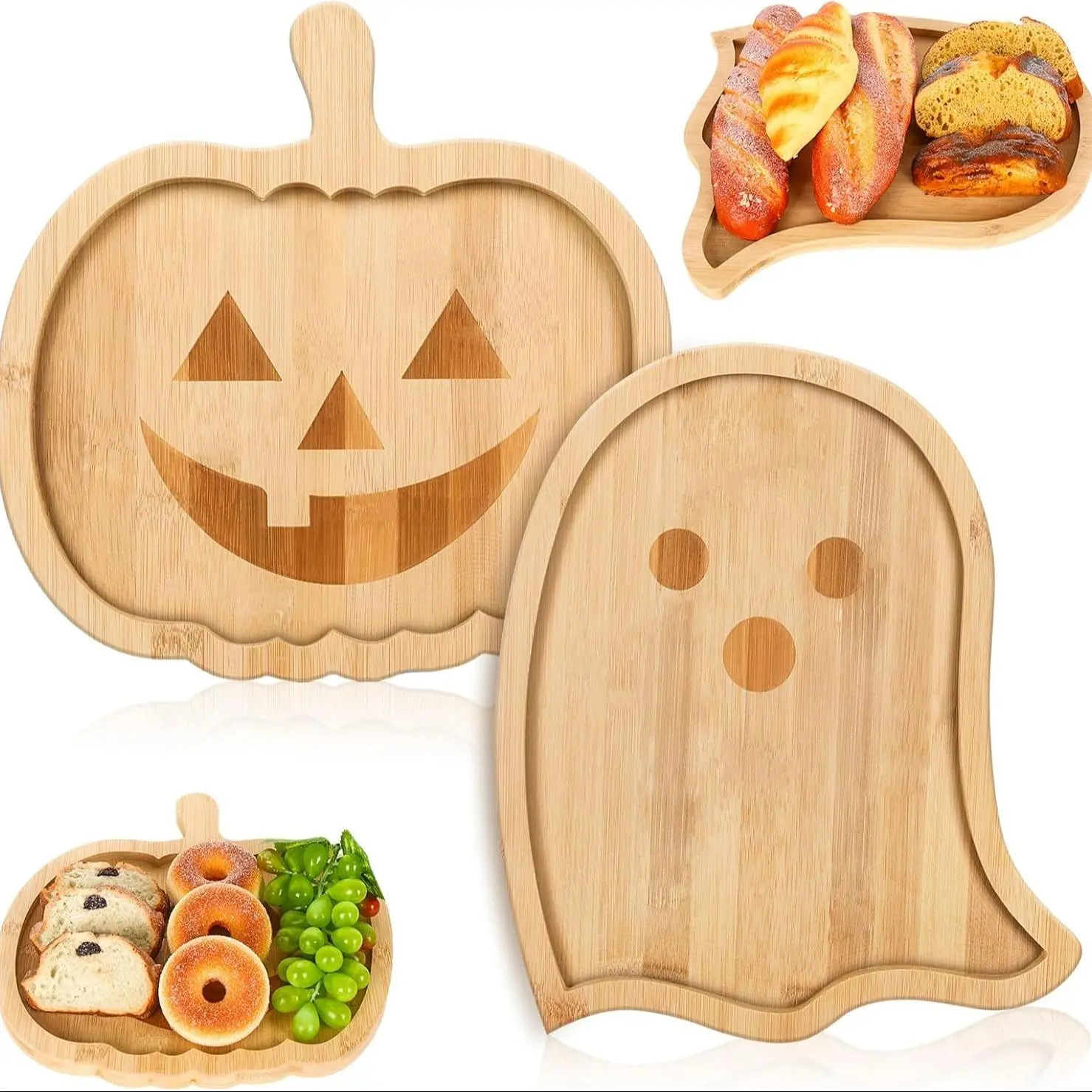 2-Piece Halloween Pumpkin and Ghost-Themed Charcuterie Set, Bamboo Cheese Platter, Appetizer Board, Party Plates, Holiday Plates, Home Party Tableware, Perfect for Serving Cheese, Fruit, Snacks, and More. A Festive Housewarming Gift, Wooden Snack Plates.