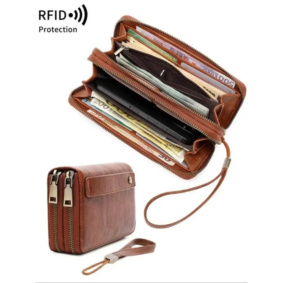 Women's 2026 New PU & Cowhide RFID Wristlet Wallet - 24-Slot Large-Capacity Lightweight Minimalist Multi-Functional Zipper Compartmentalized Fashion Wallet with Coin Purse, Durable Cowhide Women's Wallets