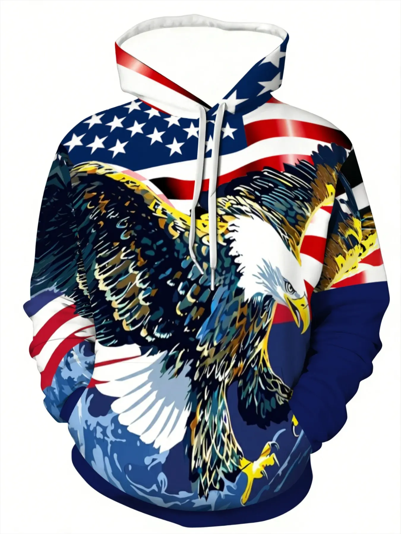 Men's Street Style Hoodie with Bald Eagle and American Flag, Casual Long Sleeve Fitted Hoodie, Artistic Graphic Design, All Seasons Wear, Graphic Print Hoodie