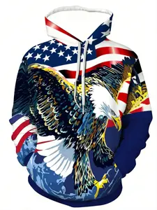 Men's Street Style Hoodie with Bald Eagle and American Flag, Casual Long Sleeve Fitted Hoodie, Artistic Graphic Design, All Seasons Wear