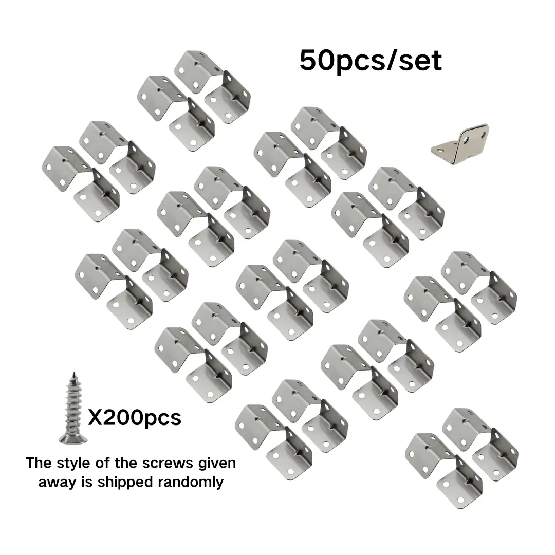 50 PCS Stainless Steel L-Shaped 90 Degree Angle Brackets with Screws, Right Angle Corner Support Braces Furniture Connector for Wooden Boards Table Chair Cabinet Wardrobe Shelf Fixing