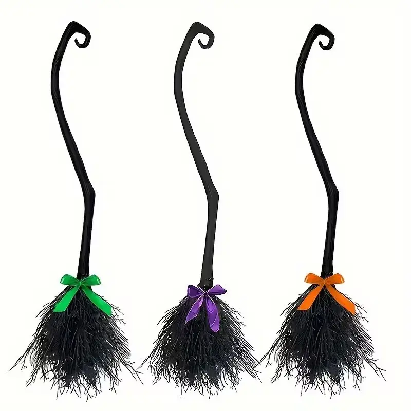 54.5 Inch Witch Broom with Ribbon, Halloween Evil Witch Broom, Costume Party Accessory, Photo Booth Prop, Halloween Decoration Props