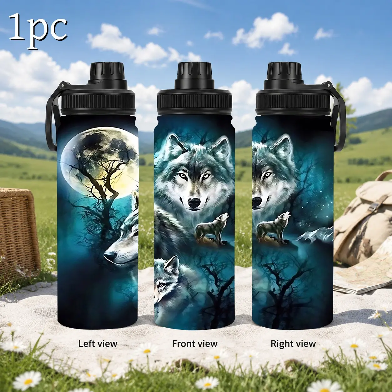 1pc 18/20oz Teal Night Forest Howling Wolf Insulated cup, Portable Stainless Steel Thermal Water Container, Keeps Cold & Hot, Nature Wildlife Fan Camping Hiking Gift