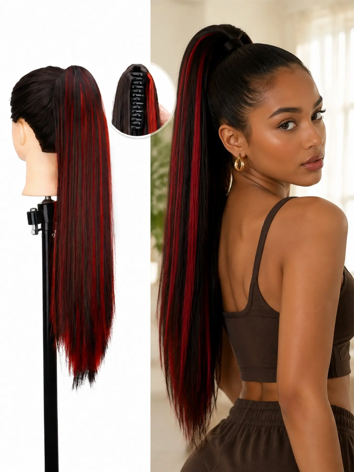 Vibrant Clip-On Synthetic Ponytail Hair Extensions - Straight Multicolor Highlights in Blue/Green/Purple/Red, Easy to Use Hair Accessory for Women, Hair Accessories