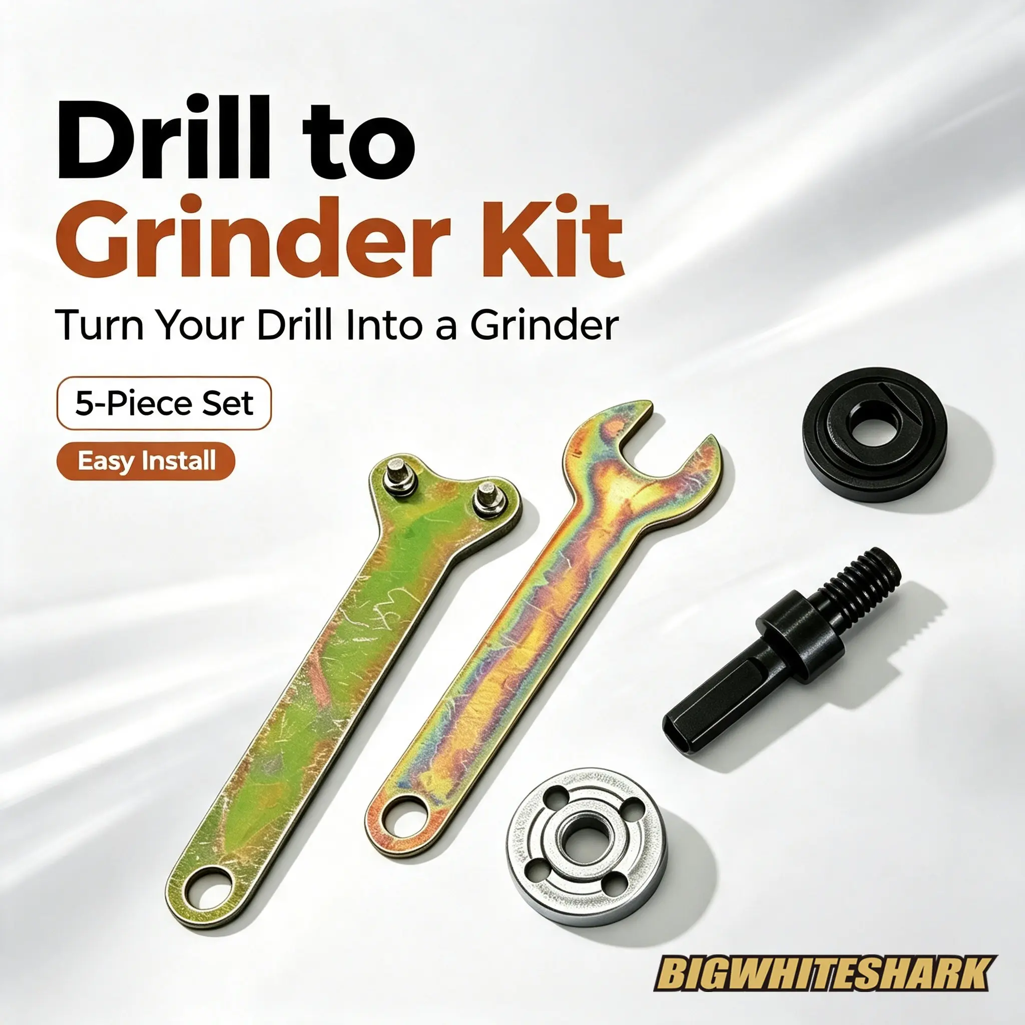 Drill to Angle Grinder Conversion Kit 5‑Piece Tool, Complete Adapter Set with Conversion Rod, Wrenches, Inner & Outer Flange, Fits for Grinding, Cutting, Polishing Discs